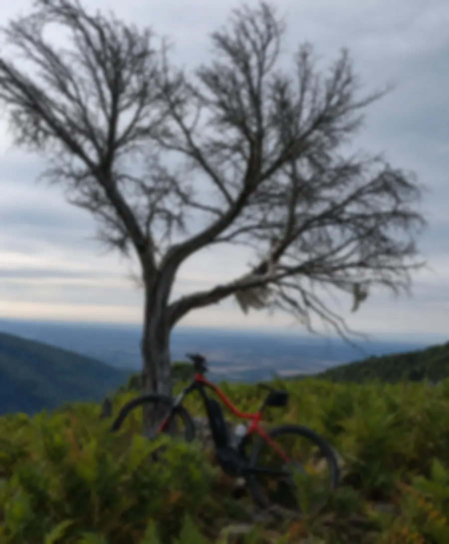Bicicleta eléctrica en un mirador de montaña sobre el valle